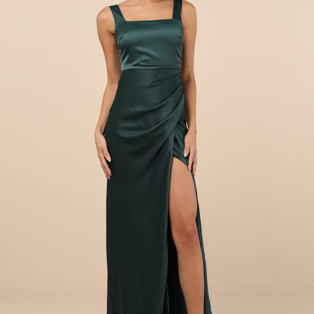 Lulus Red Carpet Romance Emerald Green Satin Square Neck Maxi Dress - Size XL